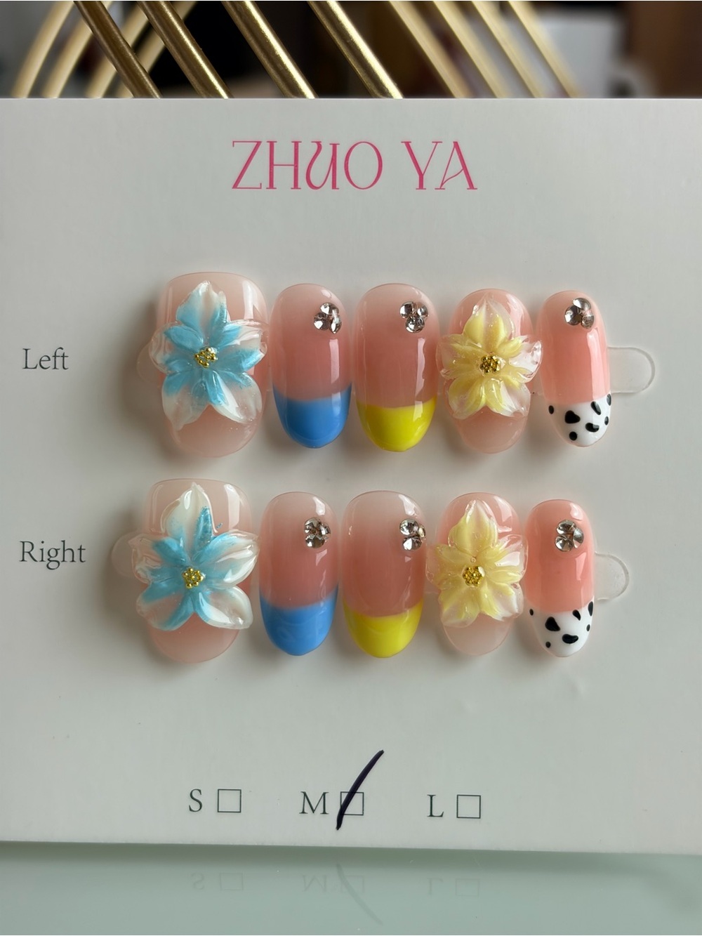 Floral 3D Press-On Nail Set - Pink, Blue & Yellow-med